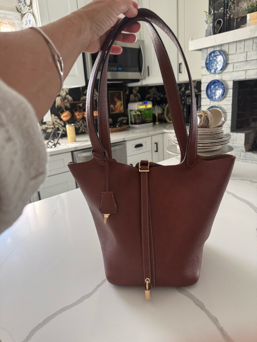 Brown Leather Tote With Gold Hardware Picotin Stlye GM Size